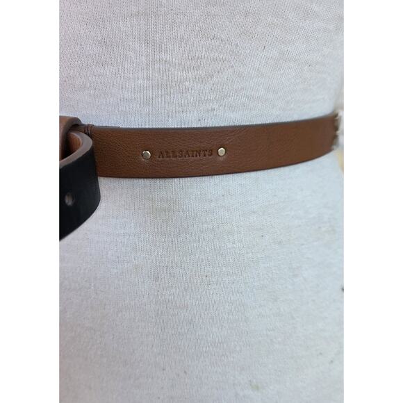 AllSaints Camel Studded Leather Belt Pebbled Thin Minimalist Moto Rocker main image 5